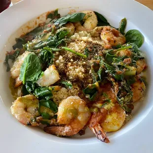 Saffron Prawns over Couscous with Vegetables and Chermoula