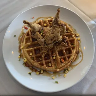 Quail &amp; Waffle GF Buttermilk Waffle | Pickled Corn Relish | Rye Syrup