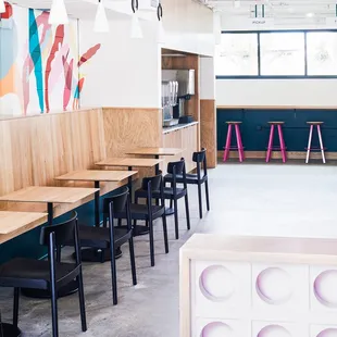 a row of tables in a restaurant