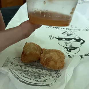 &quot;beignets&quot; and caramel. super hard, crunchy, not soft, way smaller than advertised. amount of caramel given is pathetic. not worth it.