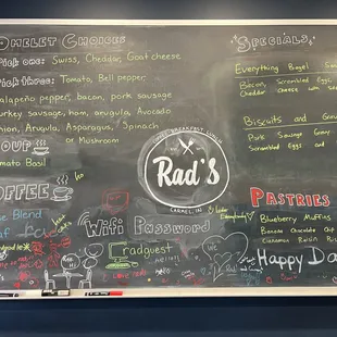 Rad's menu board of specials and featured choices.