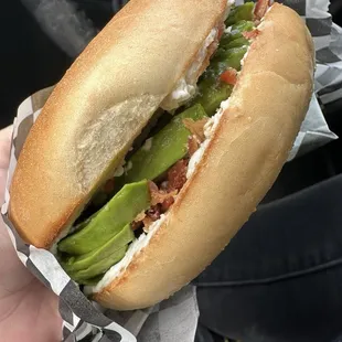 Bagel with cream cheese and bacon (plus avocado add-on)