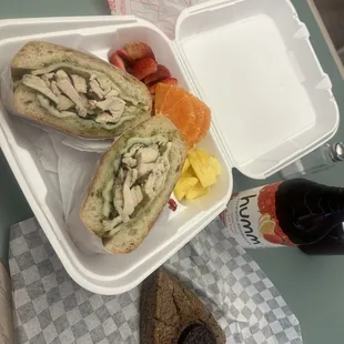 Chicken pesto Fruit salad Humm konbucha  And an Oreo scone