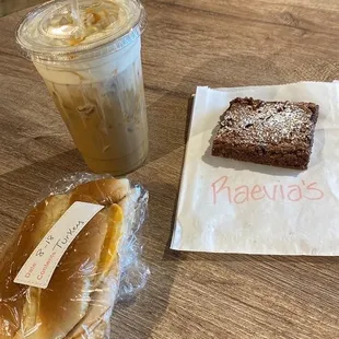 turkey sub with cheese, walnut brownie, and to top it off a great iced coffee from a great barista!
