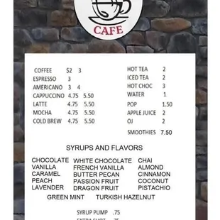 a menu for a coffee shop
