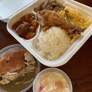 Buffet To-Go: Beef Mechado, Pork Adobo, Pancit, Roast Chicken, Steed Rice, Lechon and Fruit Salad