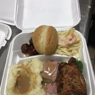 Garlic Mashed Potatoes, Roast Beef and Gravy, Shrimp Fettuccine, Roast Chicken, BBQ Meatballs and Roll