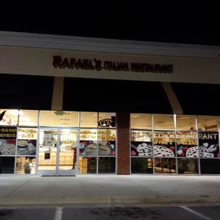 Storefront at night.