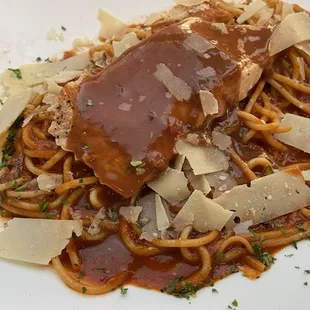 Short rib spaghetti with salmon