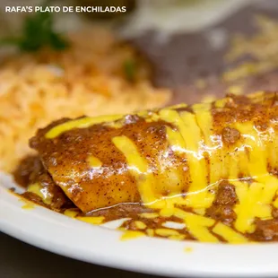 Rafa's Plato de Enchiladas (Beef or Chicken)  Served with Mexican rice, refried beans, choice of sauce chili, green tomatillo, ranchera,