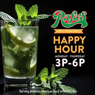 Rafa's Happy Hour 3 - 6 

Discounted Prices on House Margaritas, Domestic Beer,
House Wines and Premium &amp; Call Drinks
