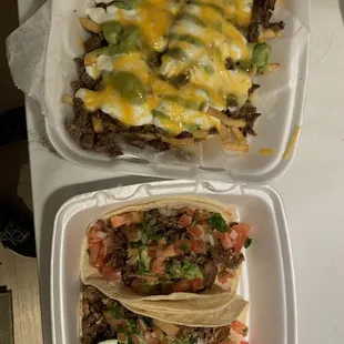 Carne asada fries and carnitas tacos