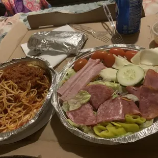 Lunch size Spaghetti with Meat Sauce and Antipasto Salad