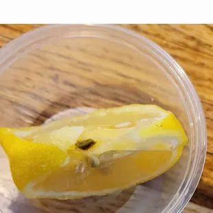 a half eaten lemon in a plastic cup