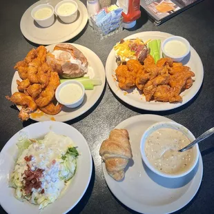 2- chicken tender platters with a bowl of potato soup and a house salad