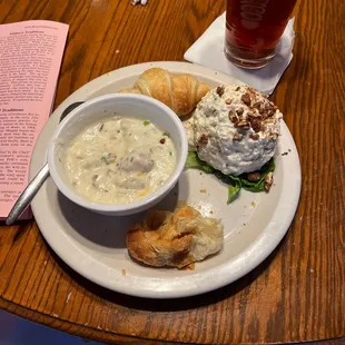 a plate of food and a drink