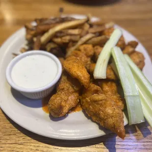Chicken finger platter know as hot fingers with homemade blue cheese!