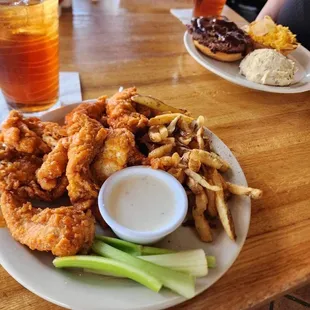 Buffalo chicken with fries, the bbq burger with garlic mashed potatoes.