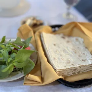 Complimentary lavash bread and veggies
