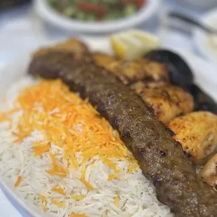 Chicken and beef kabob entree