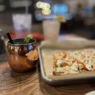 Classic mule with buffalo chicken flatbread
