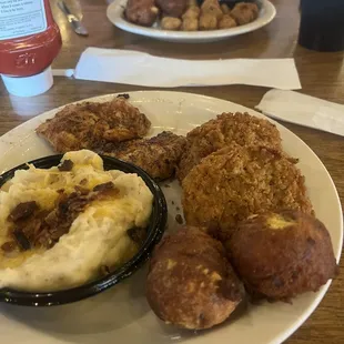 Grilled chicken, fried green tomatoes and loaded mashed potatoes. Yummy