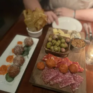 Charcuterie board and risotto balls