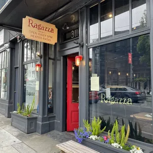 the entrance to a restaurant