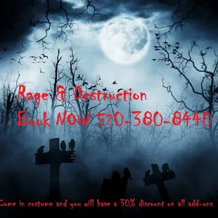 A costume worn and we will give you 30% off any add ons from our wide selection of fun items to smash #rageroo #halloween #trynewthings #fun