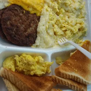 Grits w/cheese, eggs, toast, and sausage very tasty.