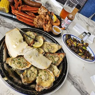 Oysters, cajun platter, brussle sprouts