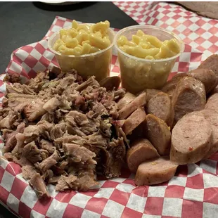 pulled pork, sausage links and mac n cheese