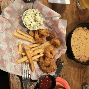 Fried Gulf Shrimp Basket with coleslaw, broth from Mussels.