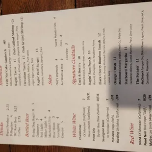  menu on a table