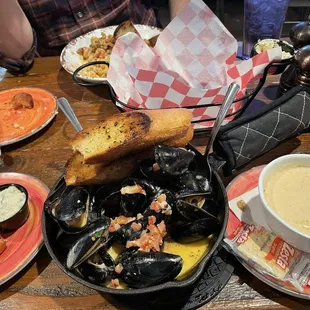 Mussels, clam chowder, side deep fried cods