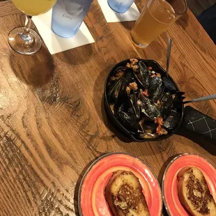 Wicked Mussels with Chorizo and Pico with toast, Summer Sangria, Old Bay Lager draft
