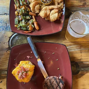 Main course, fillet and prawns. So good.