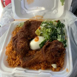 Jollof Rice with Salad with Fried Chicken