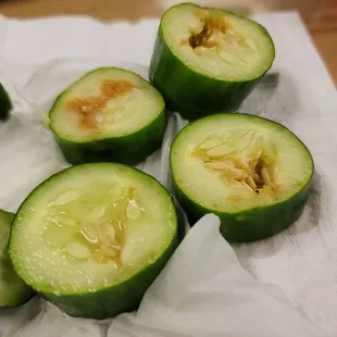 sliced cucumbers on a napkin