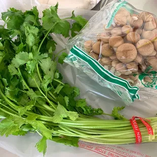 Chinese parsley snd Japanese mushrooms