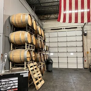 barrels stacked on pallets