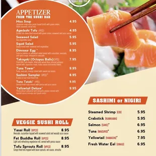menu, sushi and sashimi