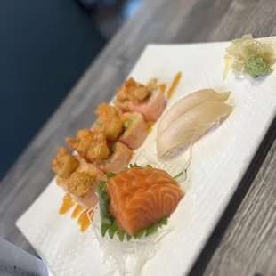 Sweet 18 Roll, salmon sashimi, escolar nigiri
