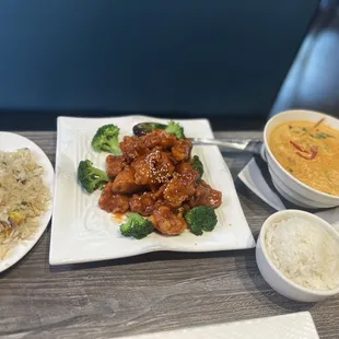 Sesame chicken with fried rice &amp; Red Curry with white rice