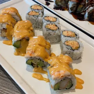 Phoenix roll on left, classic crab roll on right.