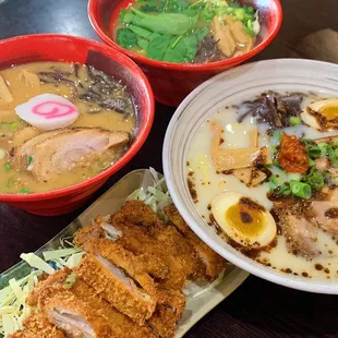 Chicken Katsu Shoyu Ramen, Miso Ramen, and Akamaru Modern Ramen