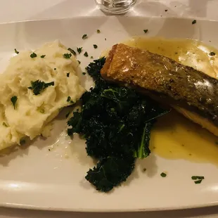 Salmon in citrus, mashed potatoes &amp; sautéed kale