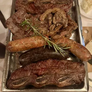 Parrillada for two. Short Ribs, chorizo, blood sausage, skirt steak and molleja.