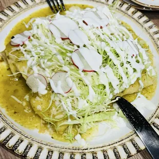 Chicken enchiladas with salsa verde.
