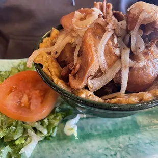 Fried chicken and pork with Mofongo